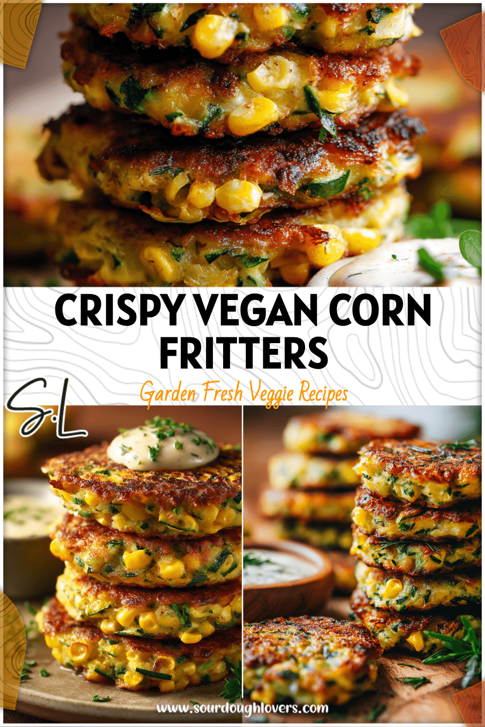 Golden vegan zucchini corn fritters stacked on a plate with herbs and dipping sauce, showing Healthy Zucchini Corn Fritters.